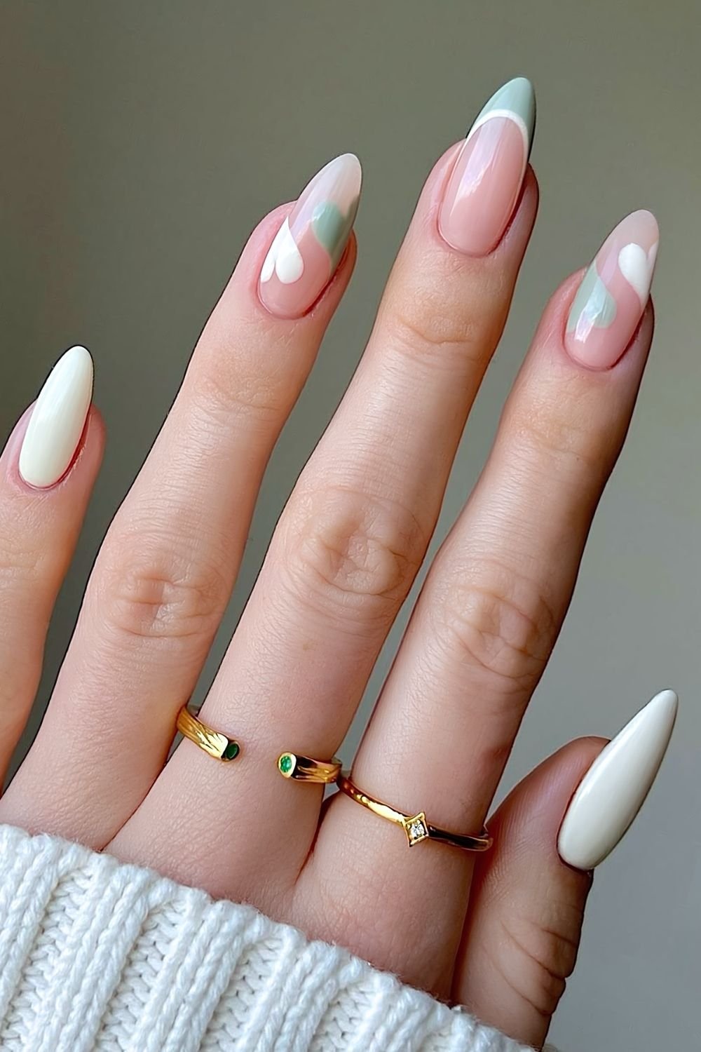 Beige and sage green heart nails