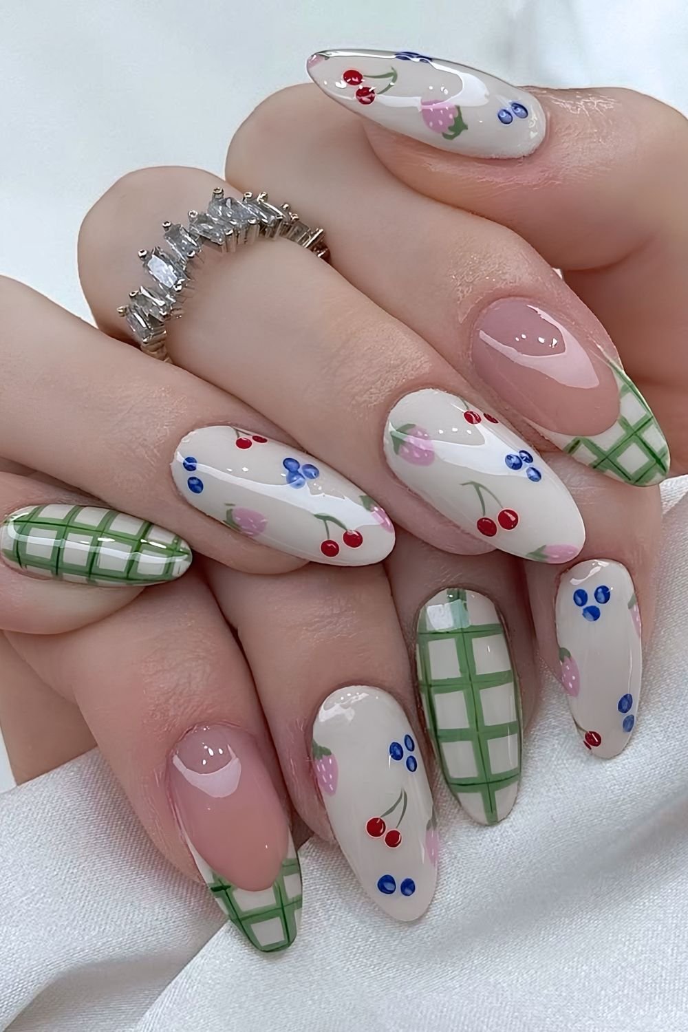 Beige picninic nails with green pattern and fruit art