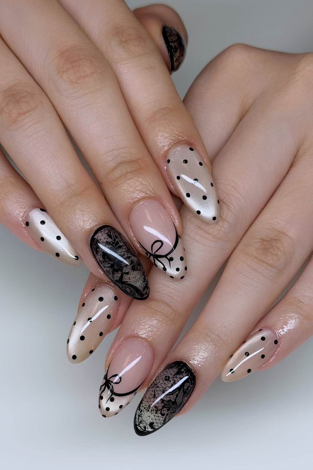 Beige with black polka dot mani with lace langerie acccents