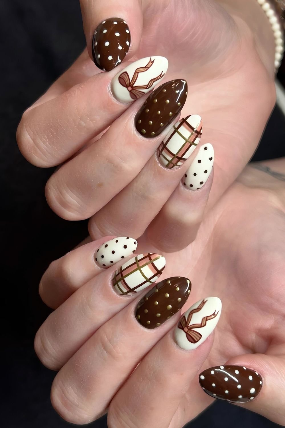 Brown and beige nails with polka dots and plaid patterns