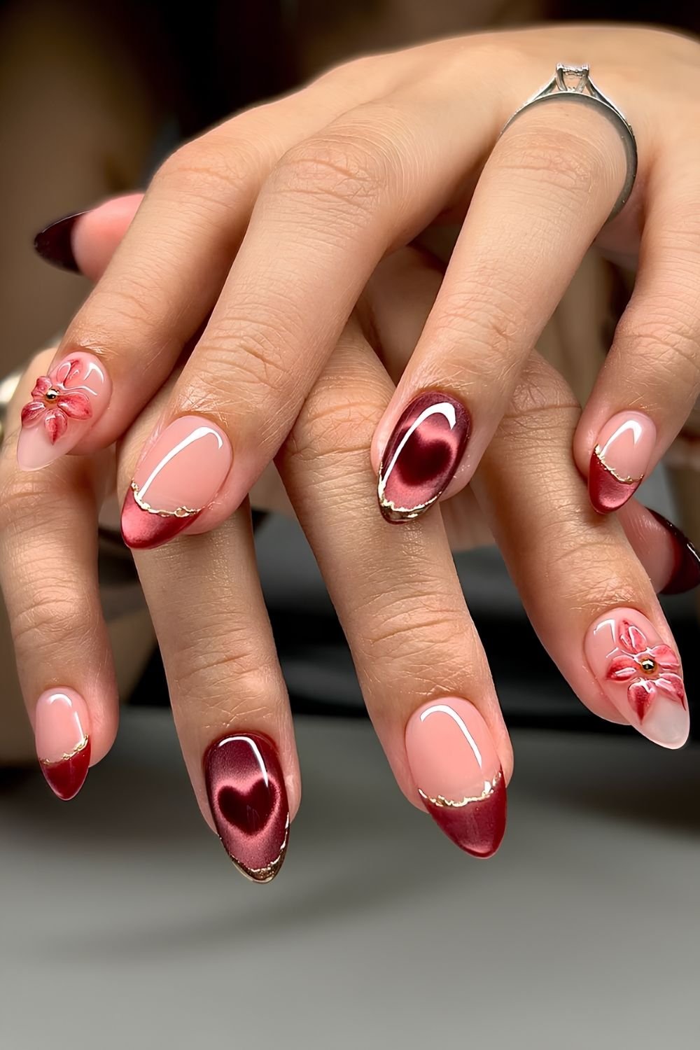 Cat eye heart and flower nails