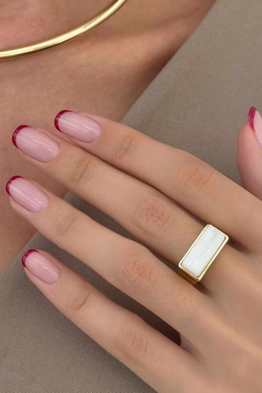 Cherry red micro French tip nails