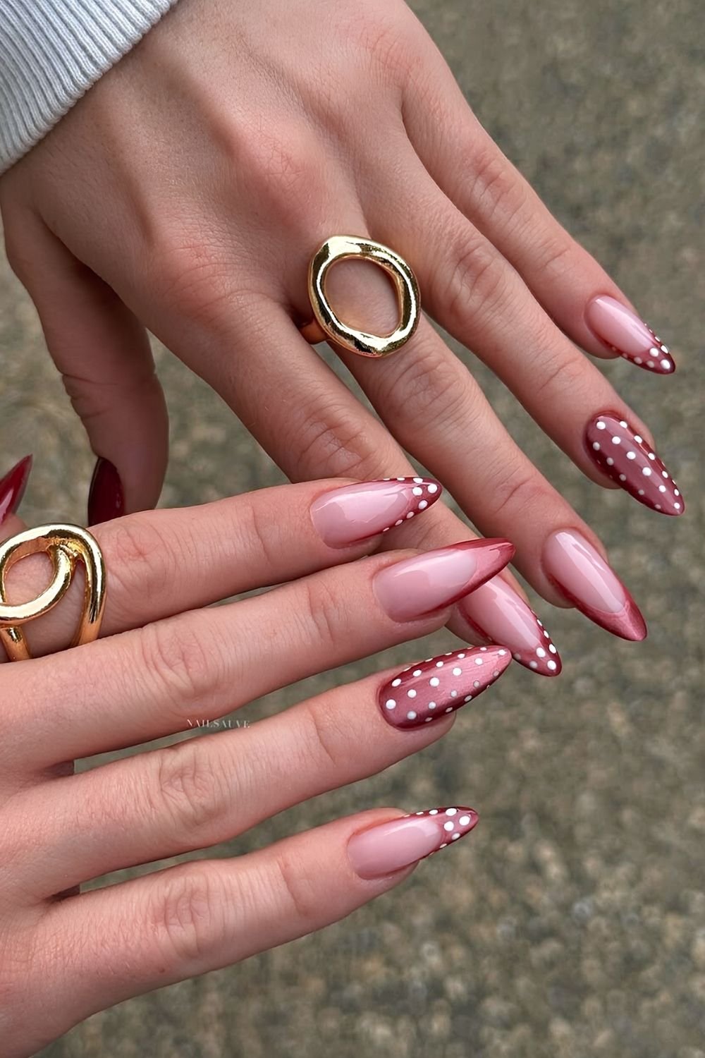 Cherry topaz cat eye mani with white polka dots