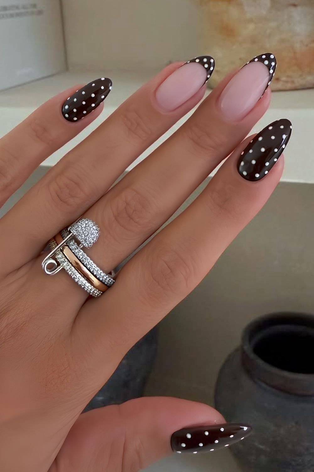 Chocolate brown with white polka dot mani with accent French tips