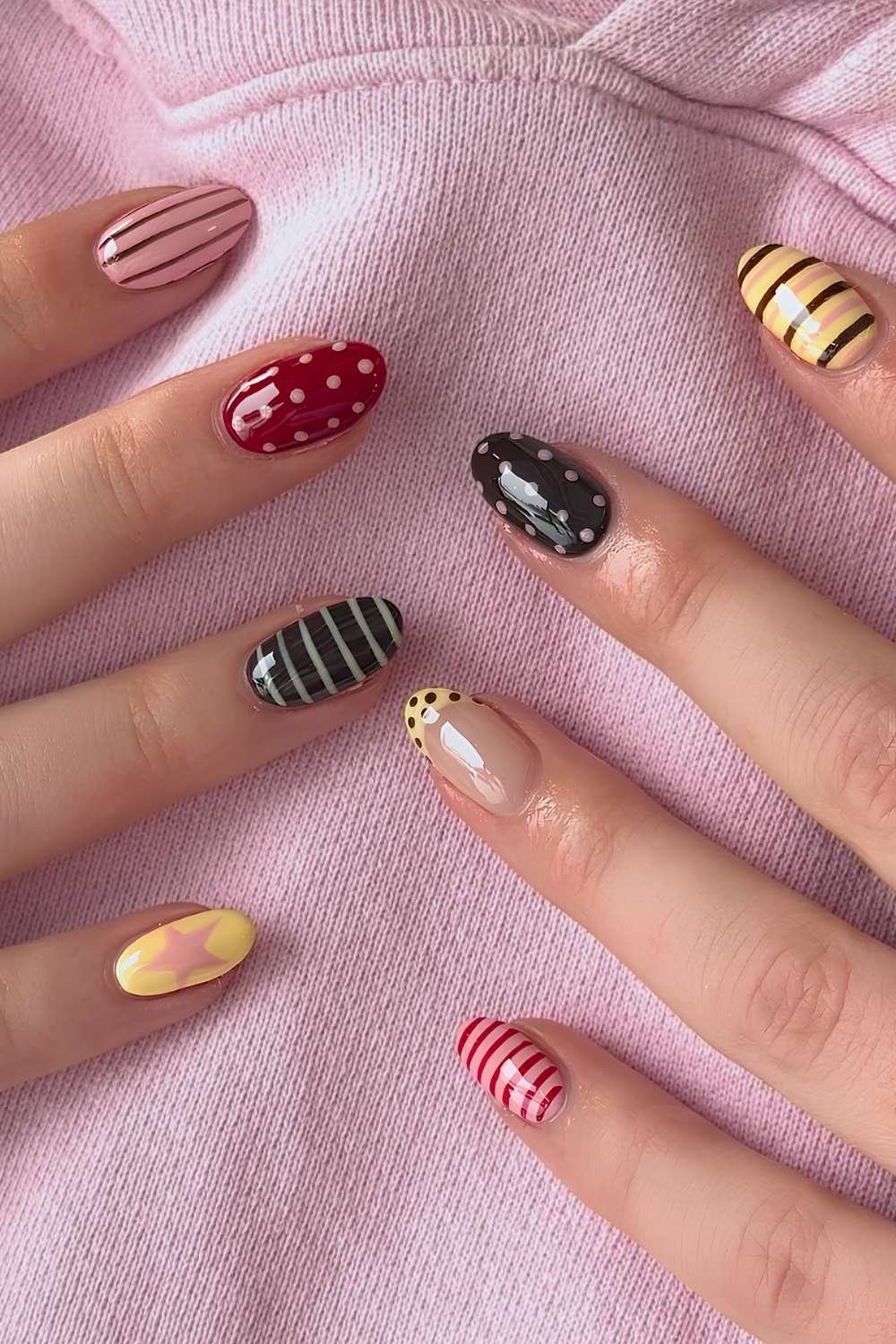 Colorful stripe and polka dot nails