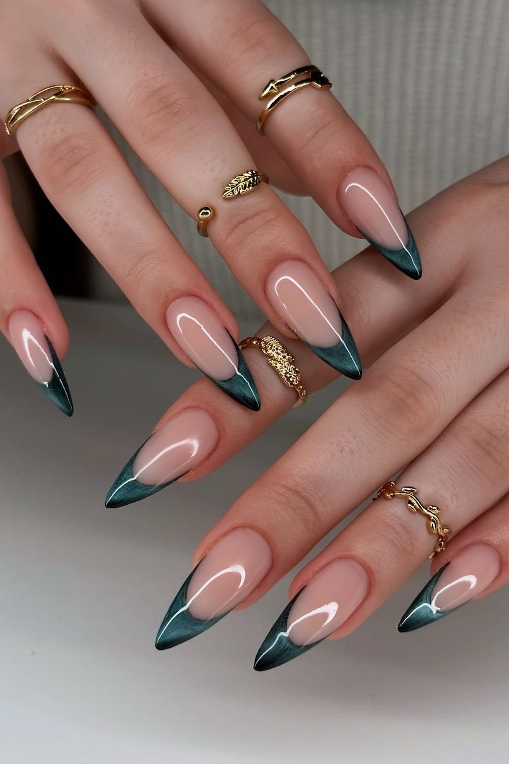 Dark green glass French tip nails