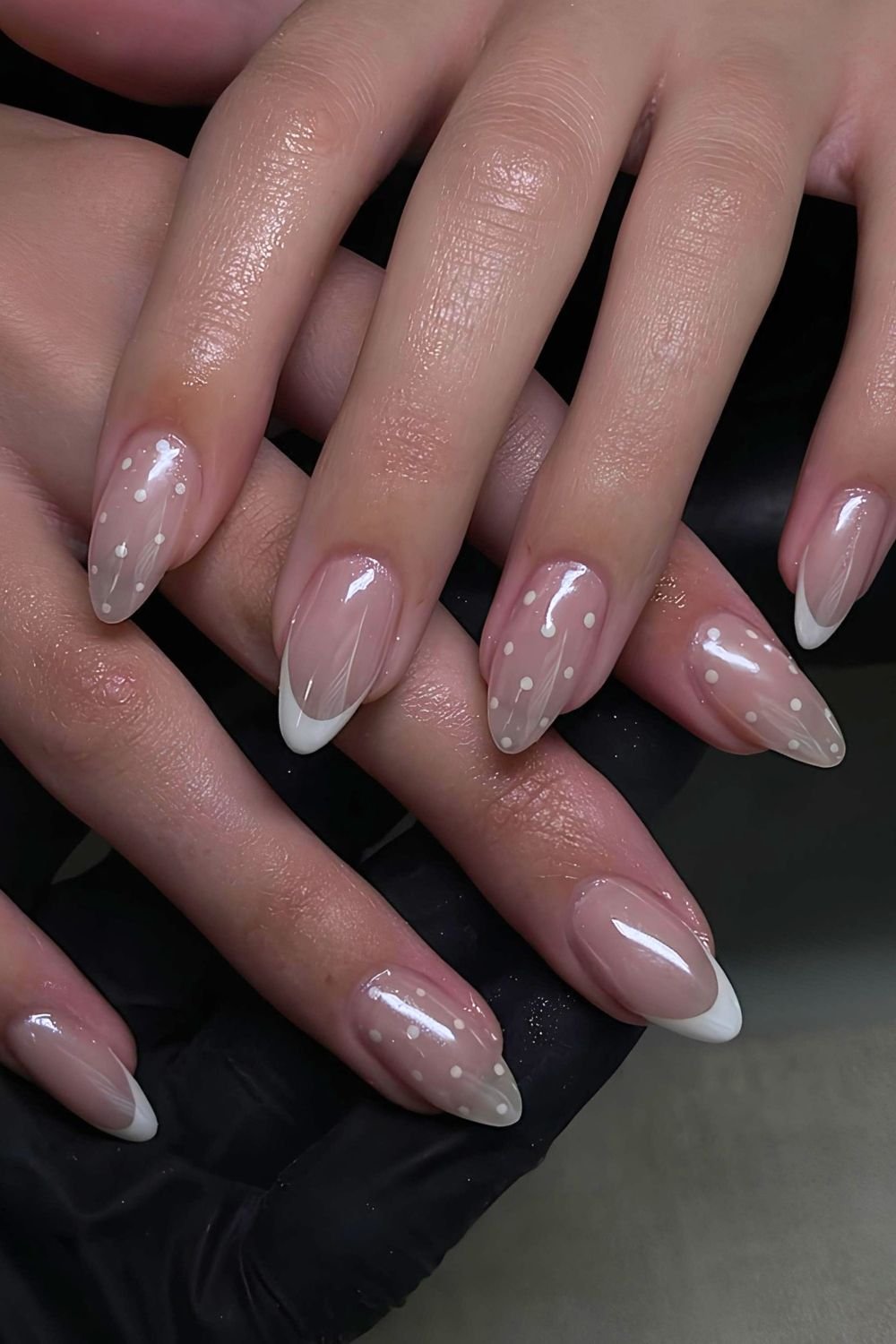 Glazed white French tips and white polka dots