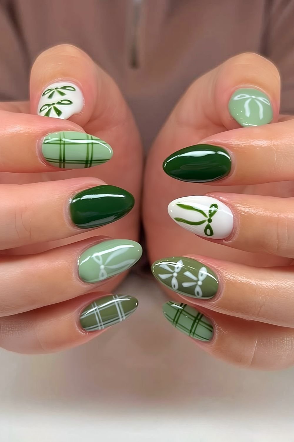 Green nails with plaid and bow art
