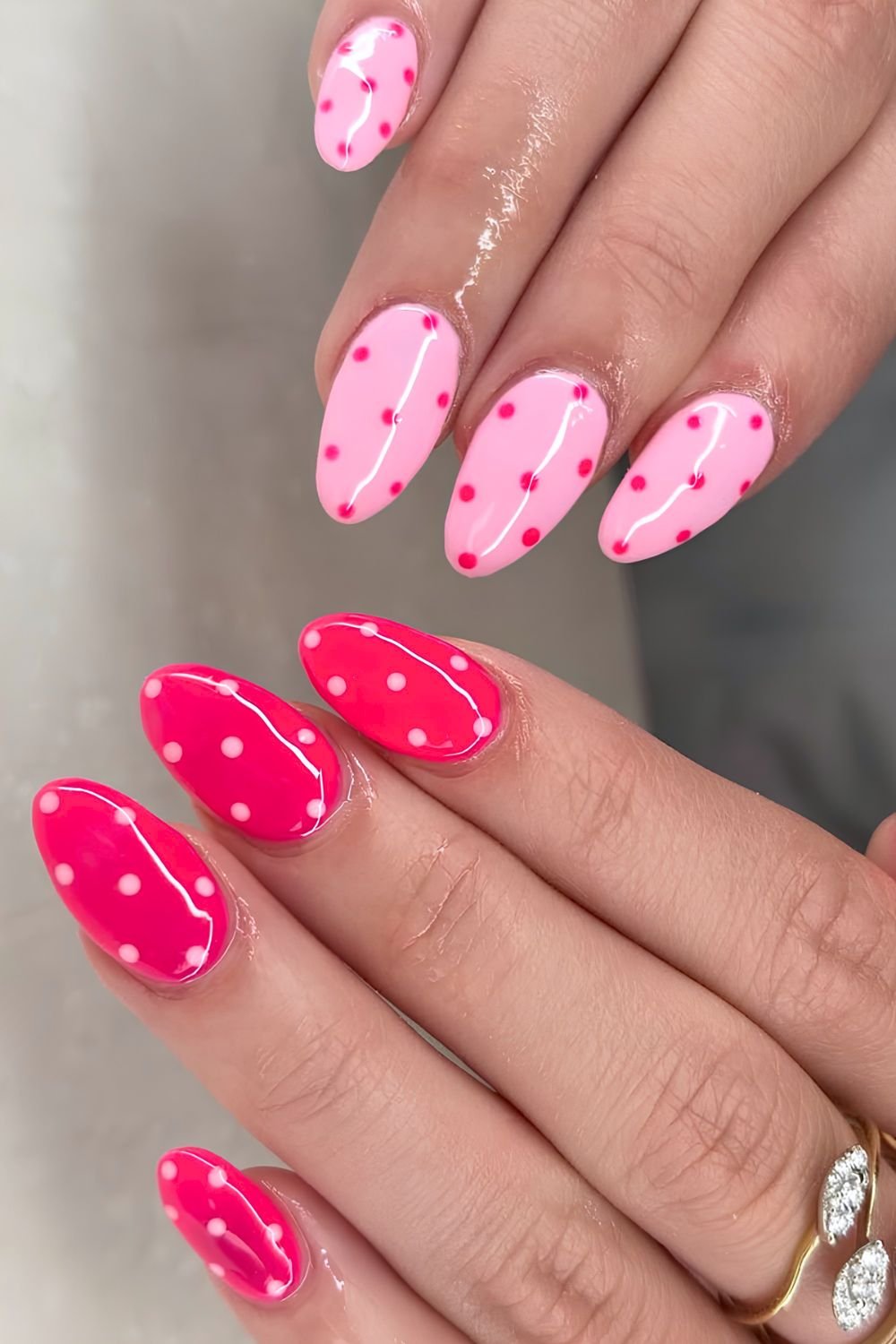 Hot pink and baby pink polka dot manicure