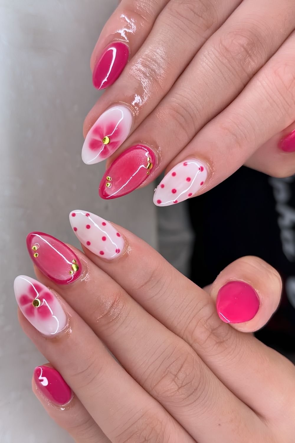 Hot pink and milky white mix and match polka dot nails