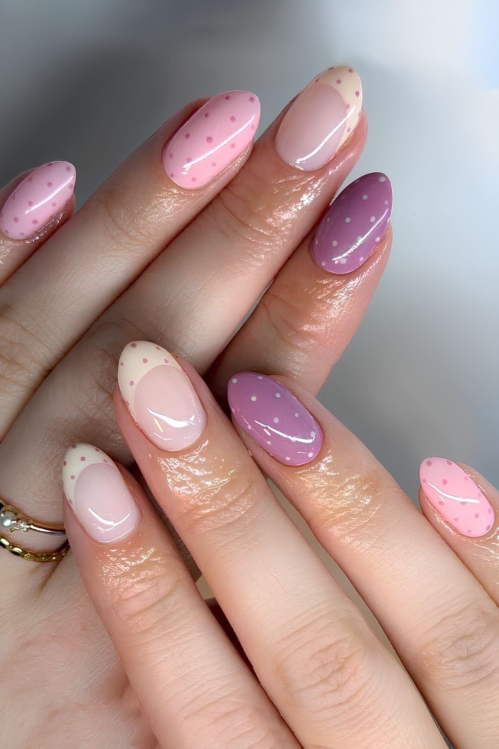 Jelly polka dot nails in pastel colors