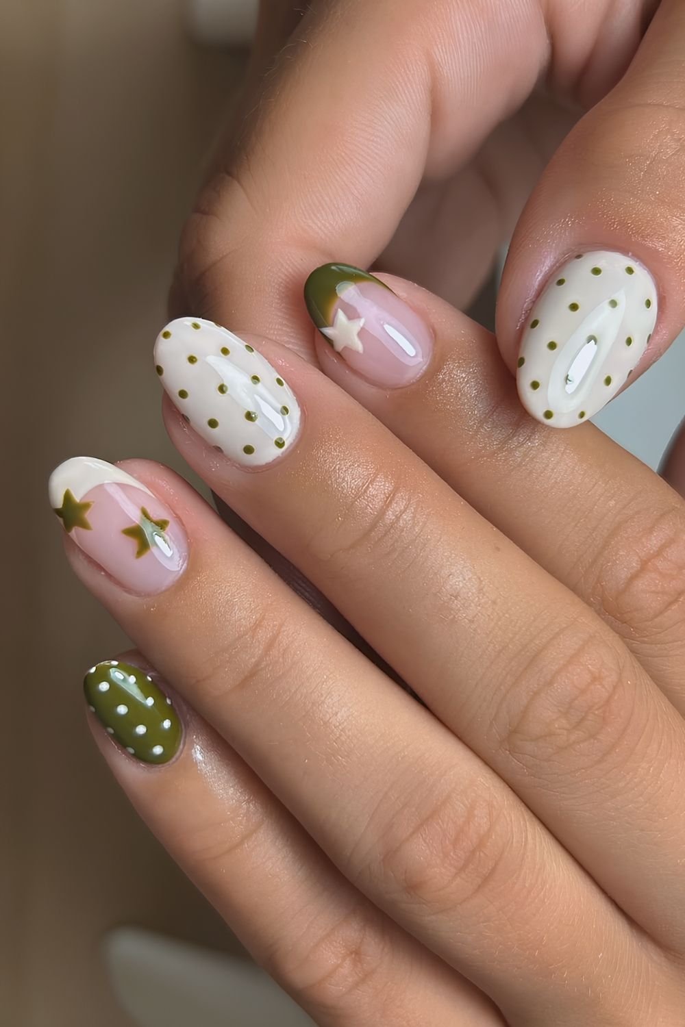Olive green and creamy white polka dots with stars