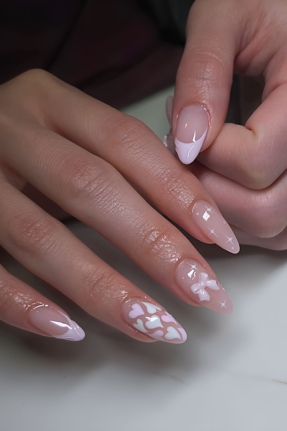 Pastel lilac nails with heart and 3d coquette accents