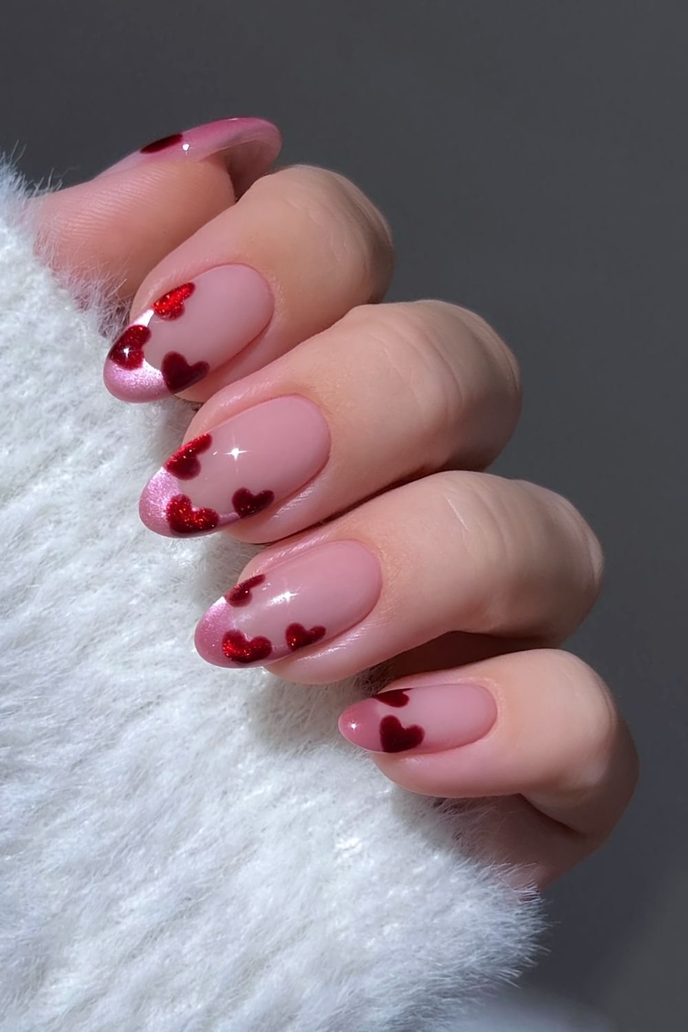 Pink cat eye french mani with red hearts