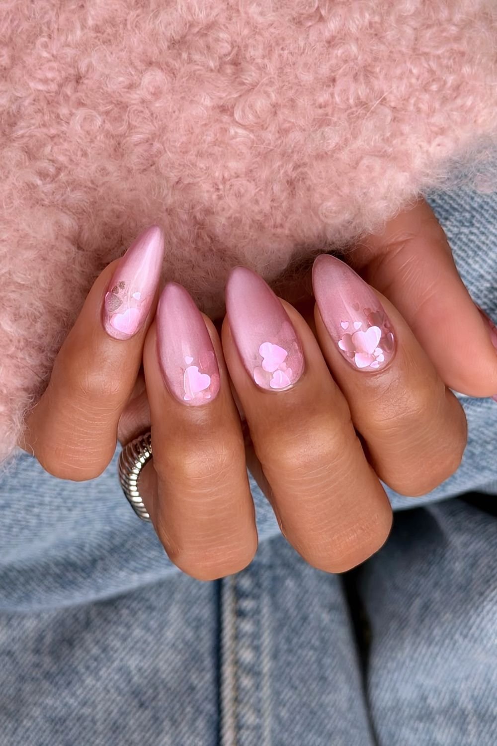 Pink velvet nails with pink heart confetti
