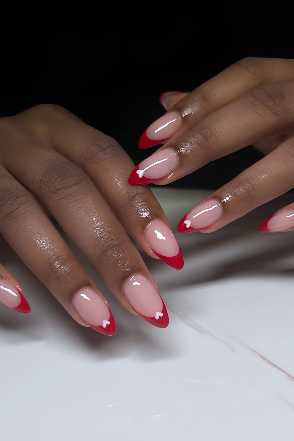 Red french tips with white hearts
