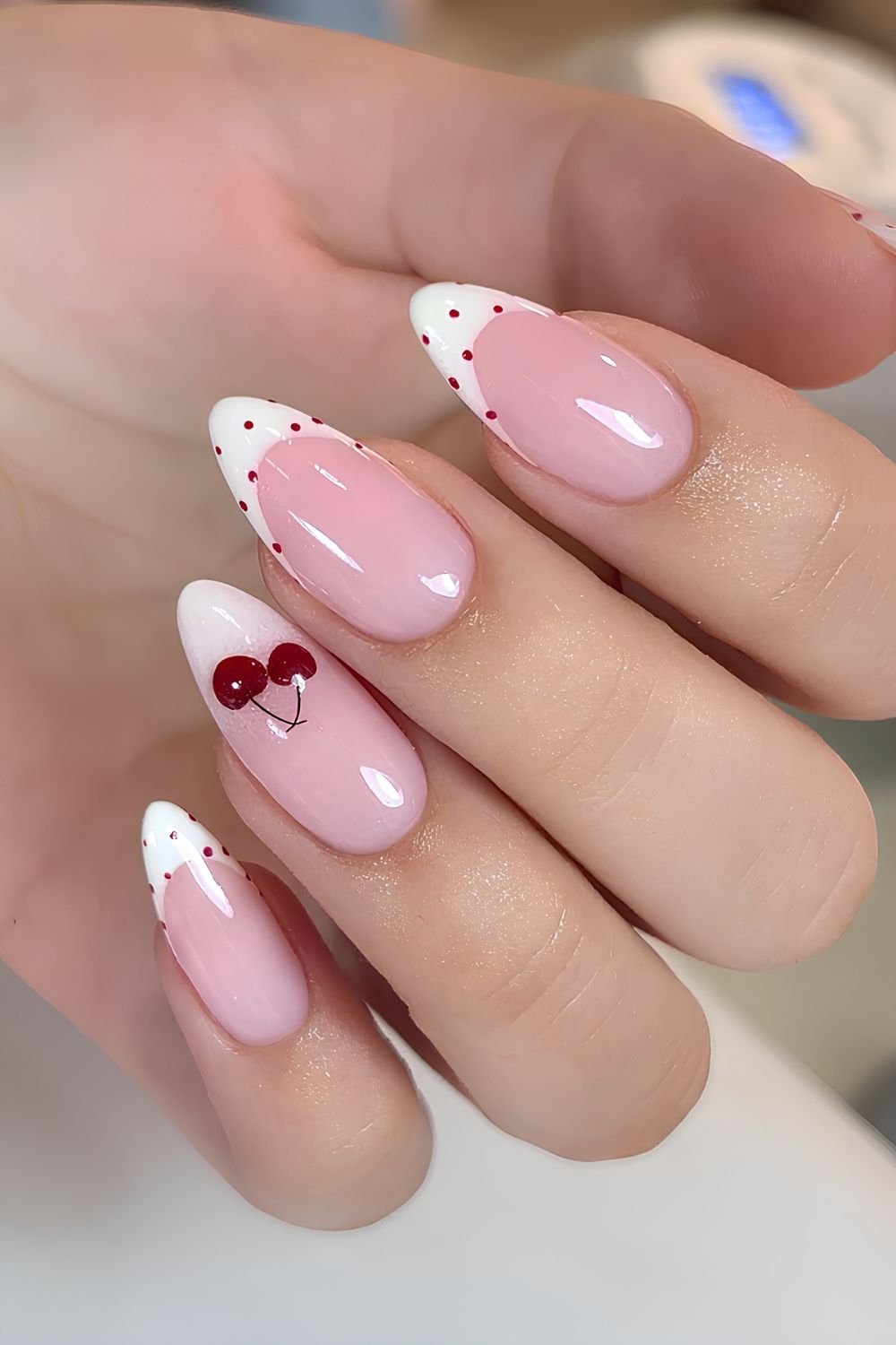White French tips wit cherry red polka dots and cherry art