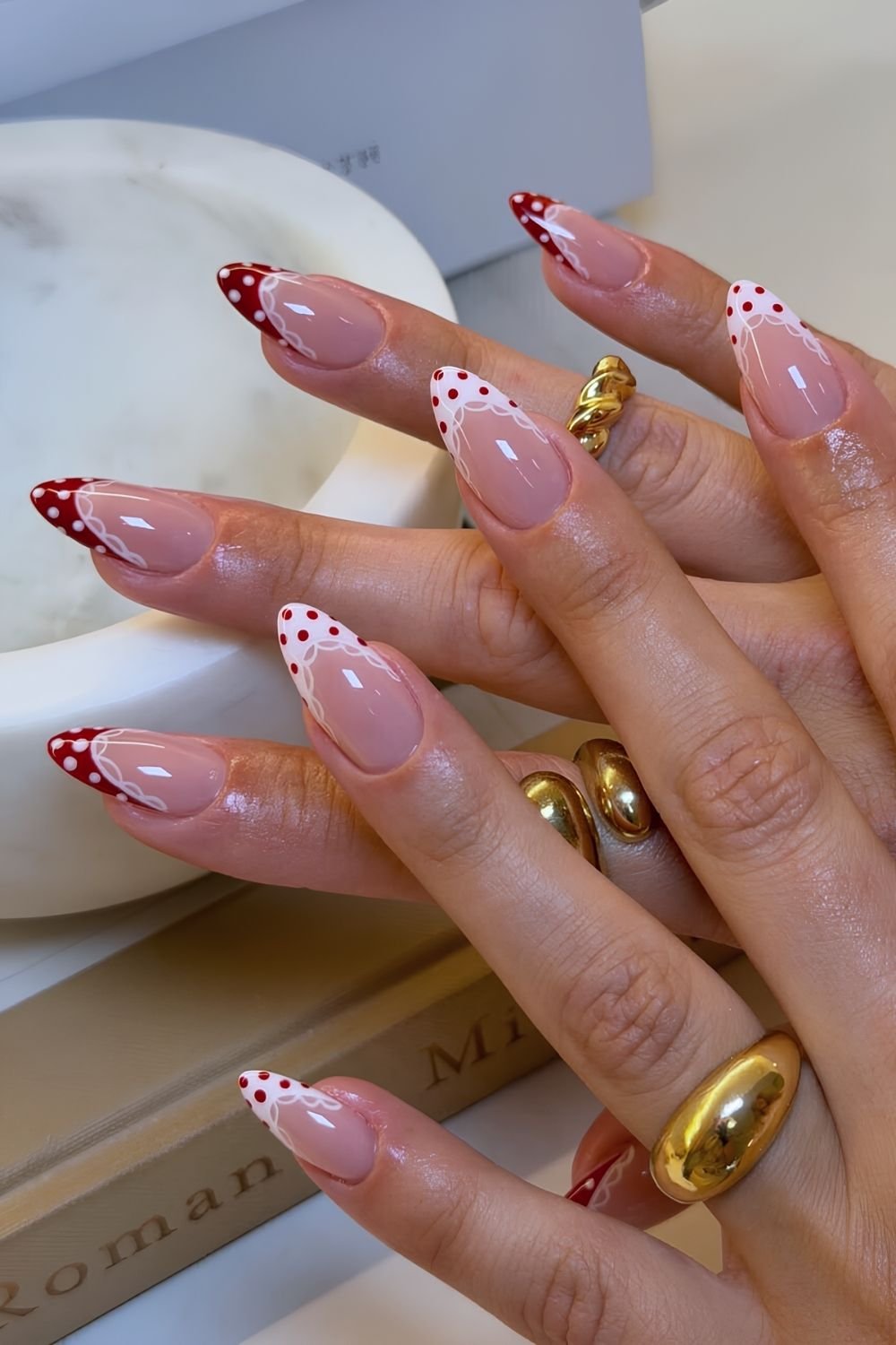 White and red polka dot and lace french tips