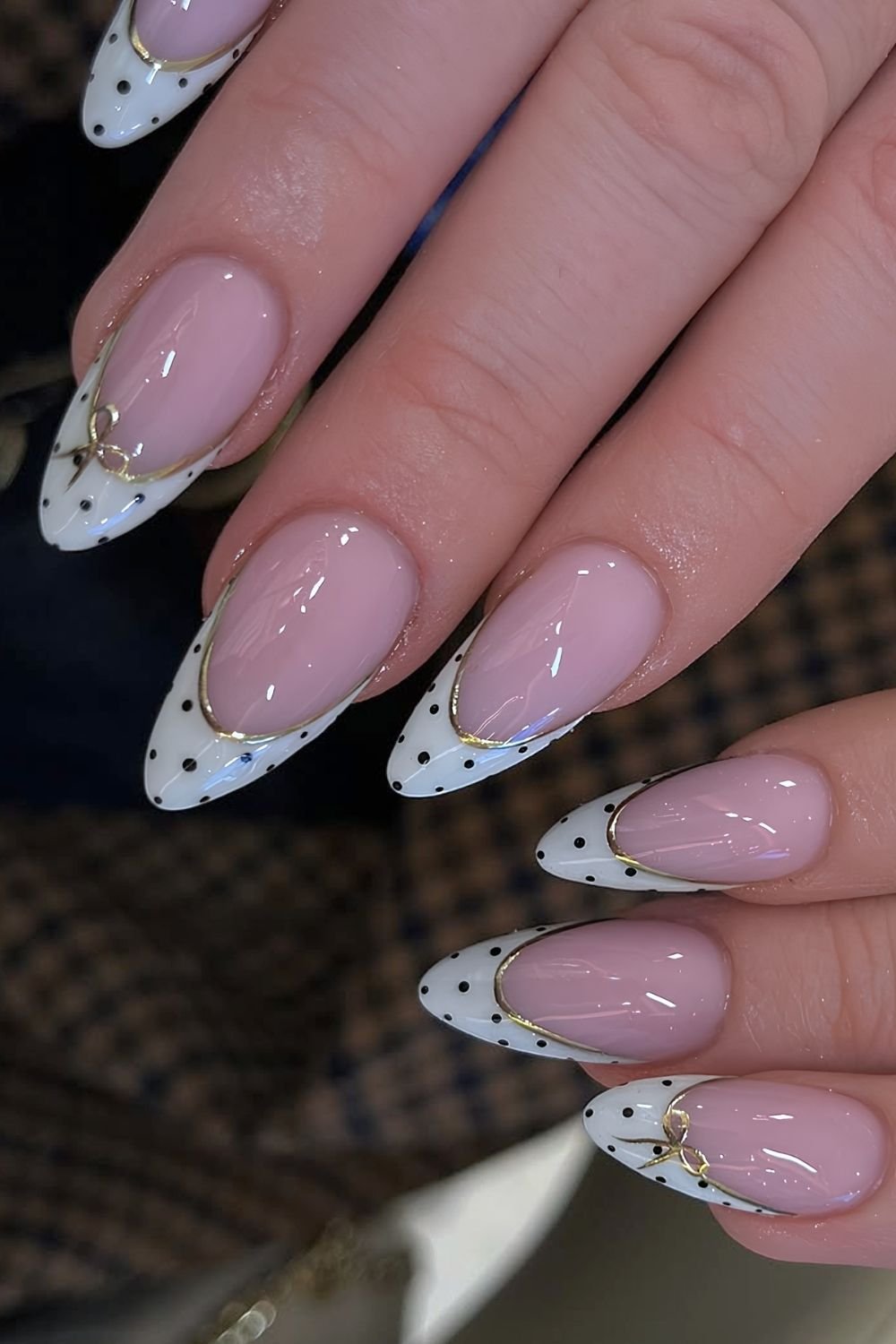White with blachk polka dots French Tips with golden chrome outlines