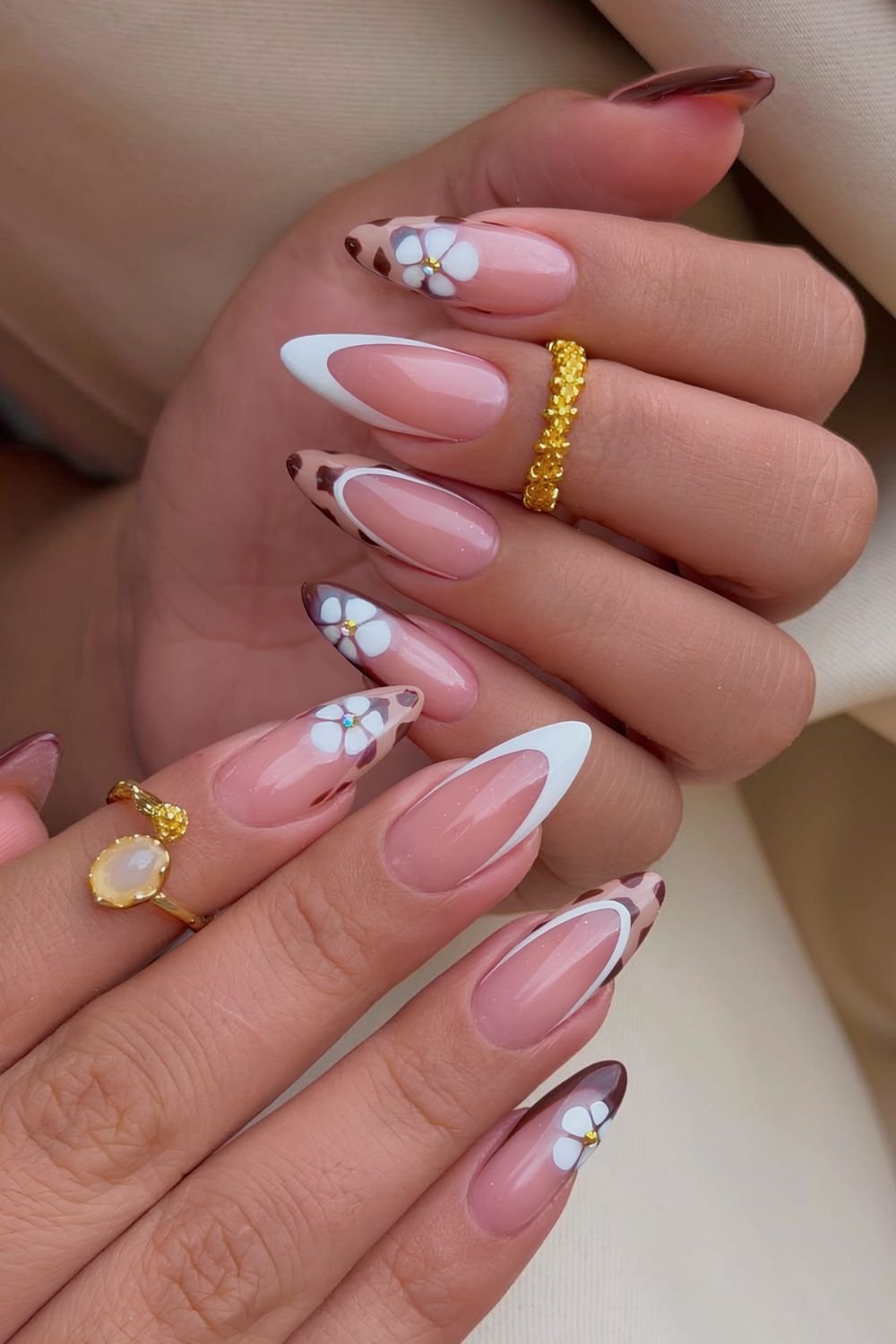 Coffee with chocolate brown and white French tips with floral art