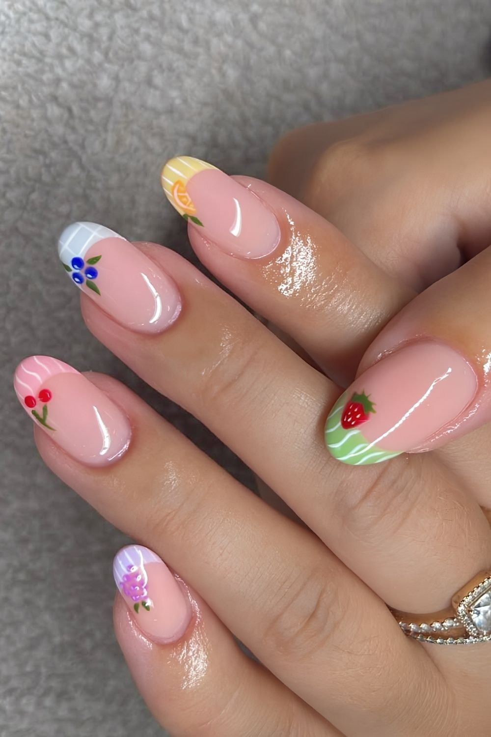 Colorful fruit french tips with gingham and stripe pattern