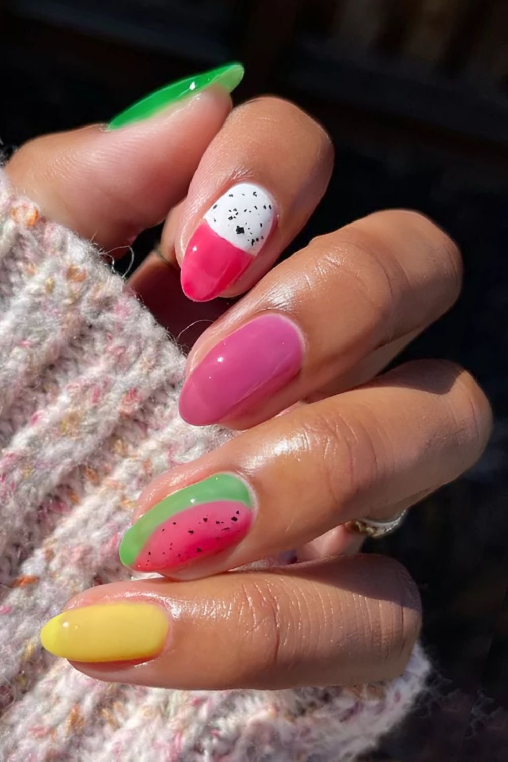 Colorful jelly nails with dragonfruit and watermelon accents
