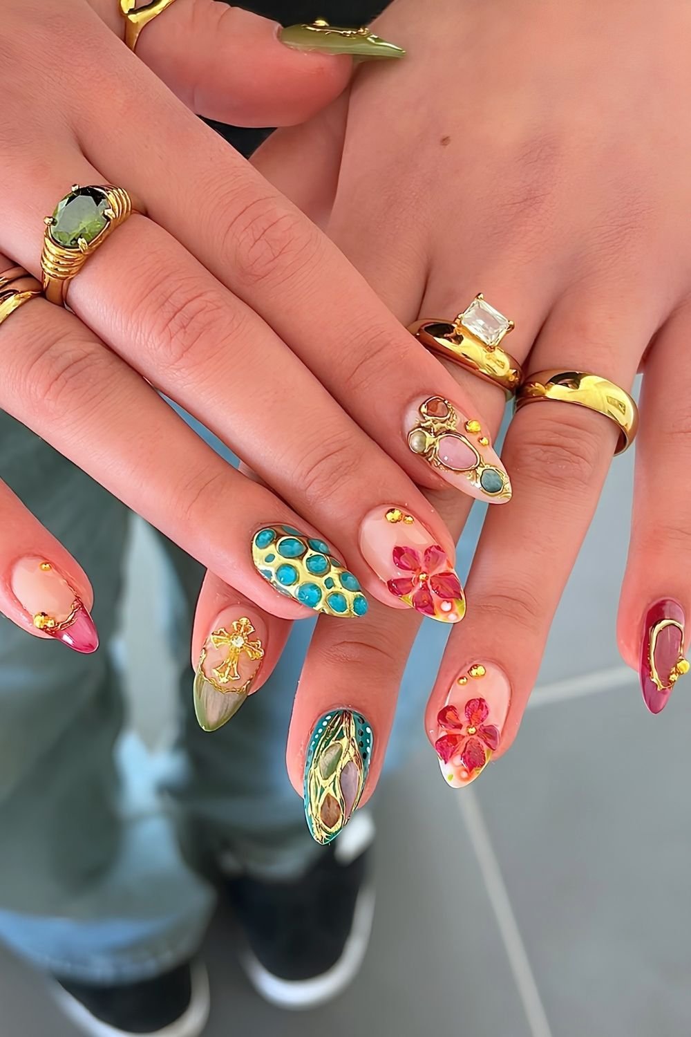 Colorful nail jewlary set with cross accent