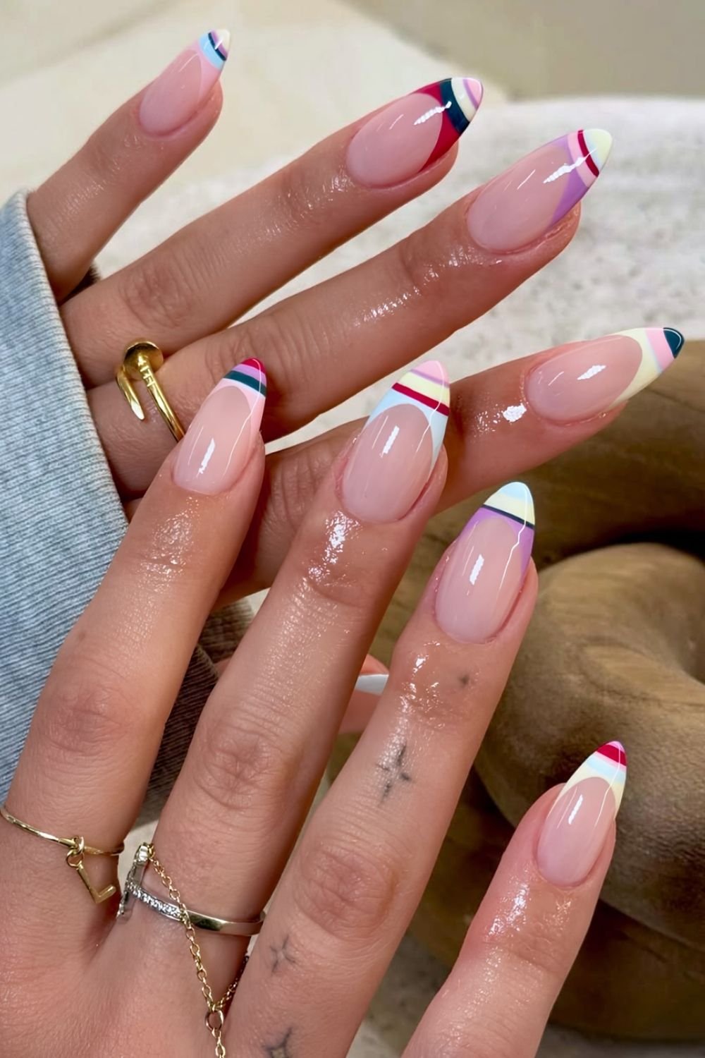 Colorful stripe French tip nails