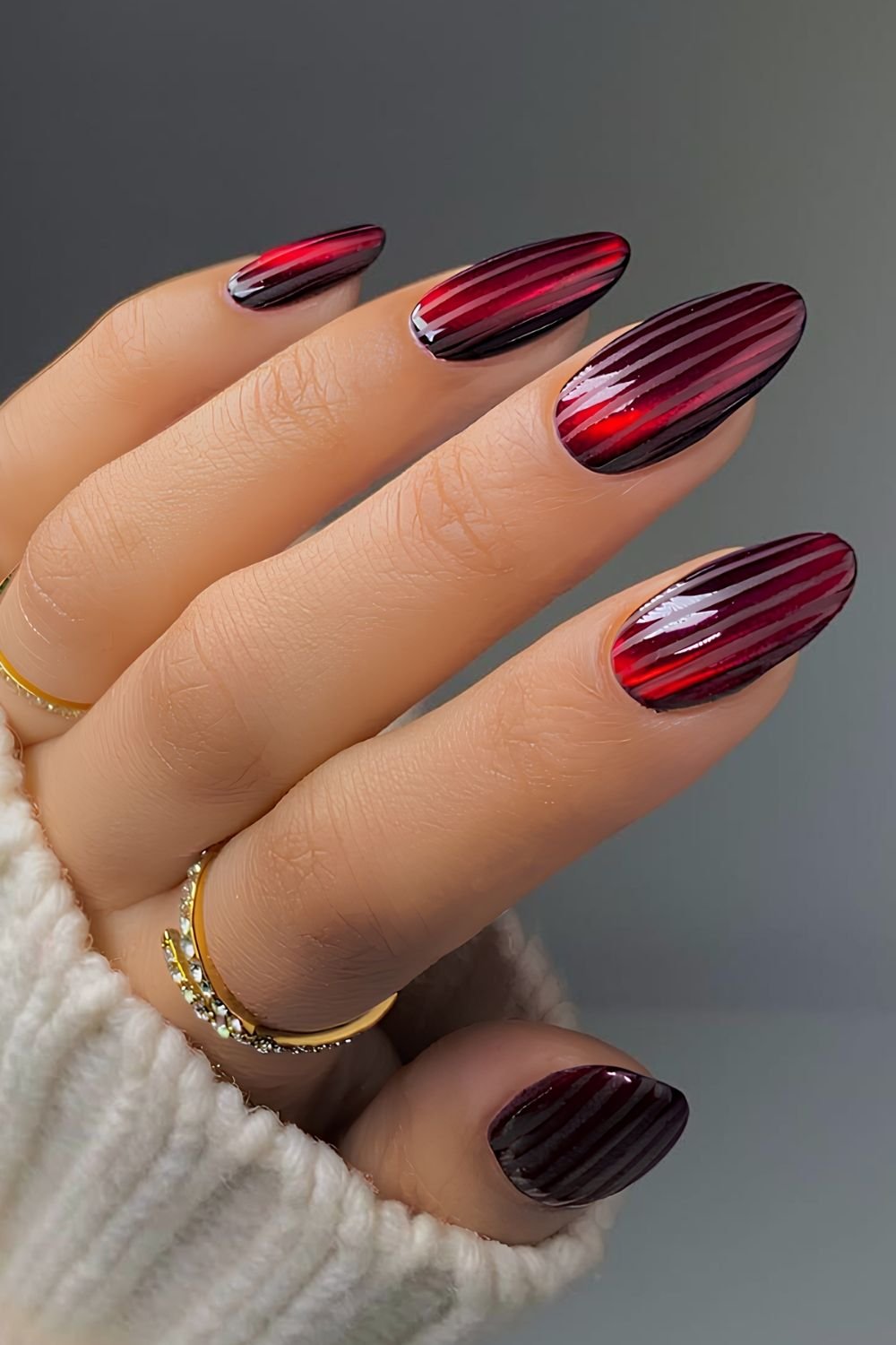 Dark red ribbed glass nails