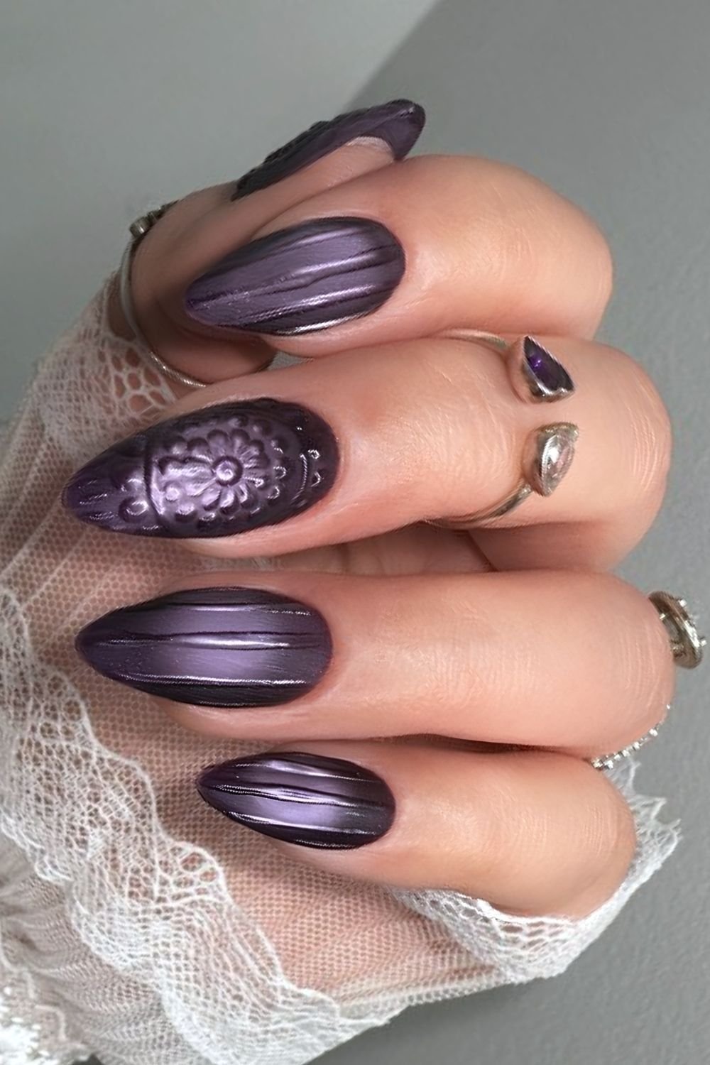 Dark urple glass nails with complex glass texture accents