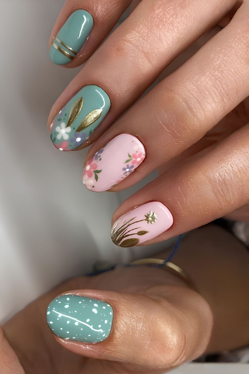 Green and pink Easter nails