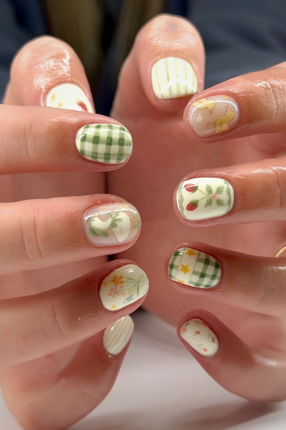 Green gingham picnic nails with ducka and chicken accents