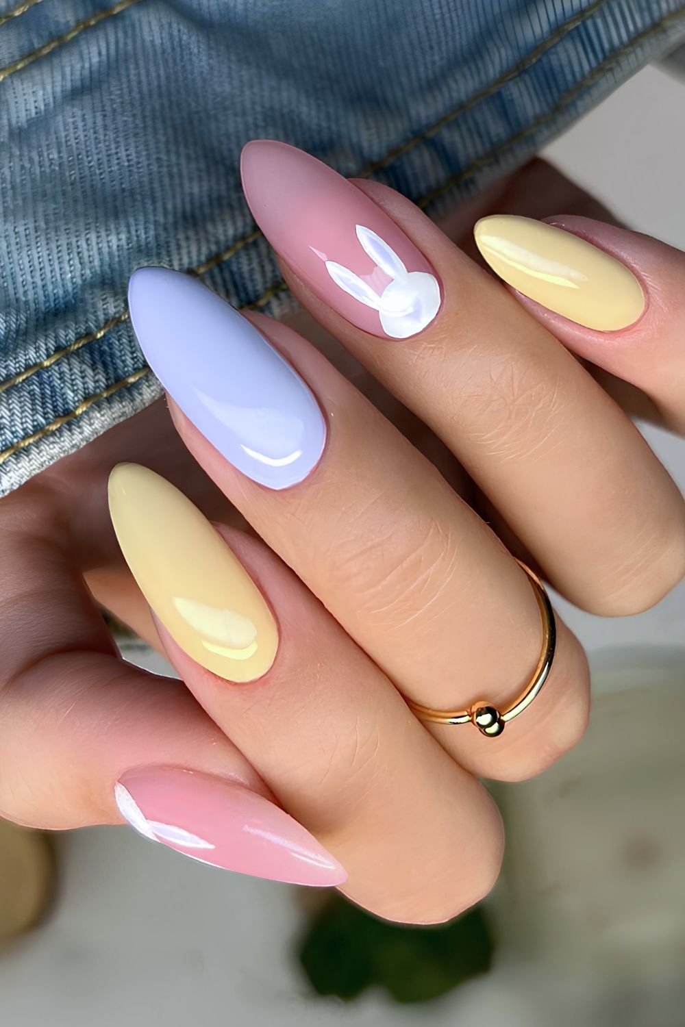 Jelly pastel nails with easter bunny accents