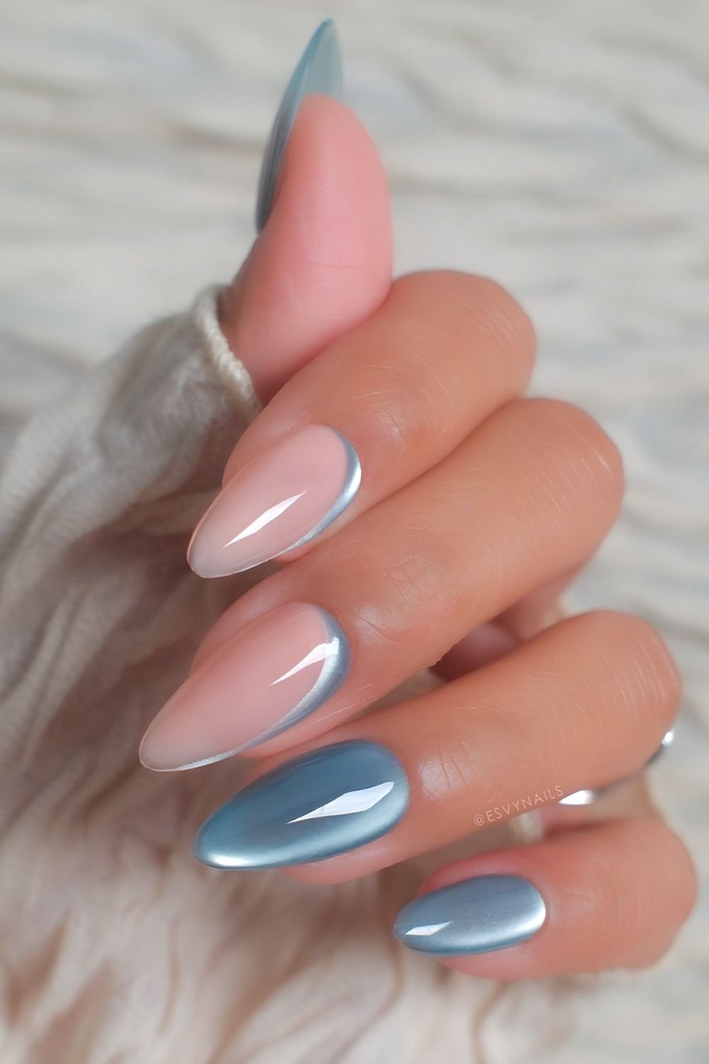 Light blue glass nails with milky and blue accents