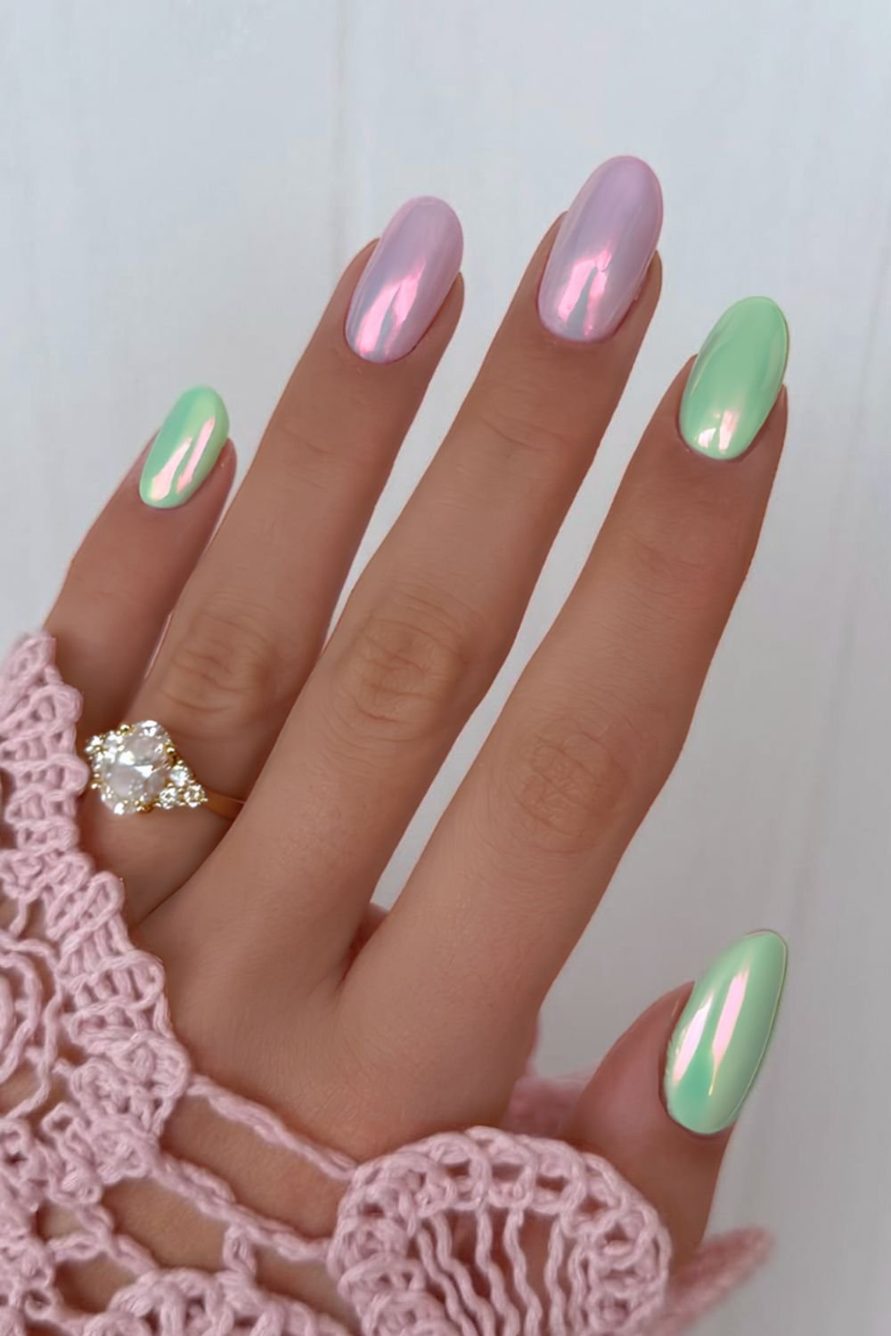 Matcha green and strawberry pink chrome nails