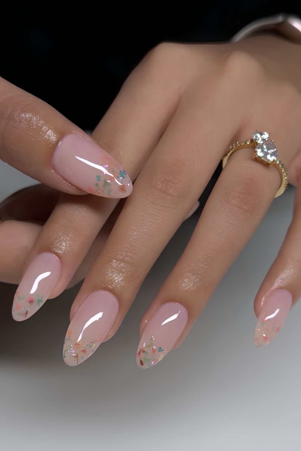 Milky pink danity floral French tip nails