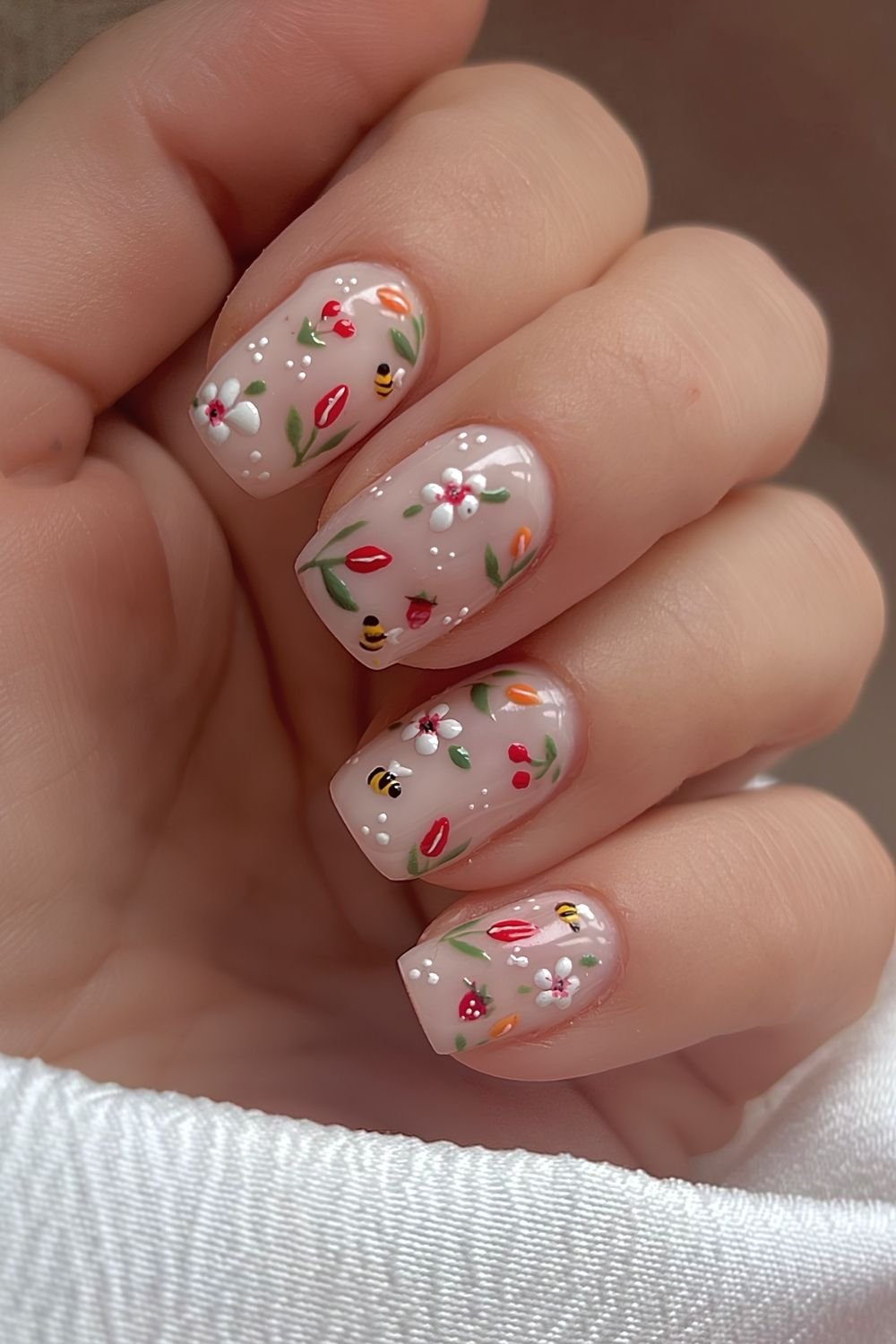 Milky white nails with bees, florals and fruit art