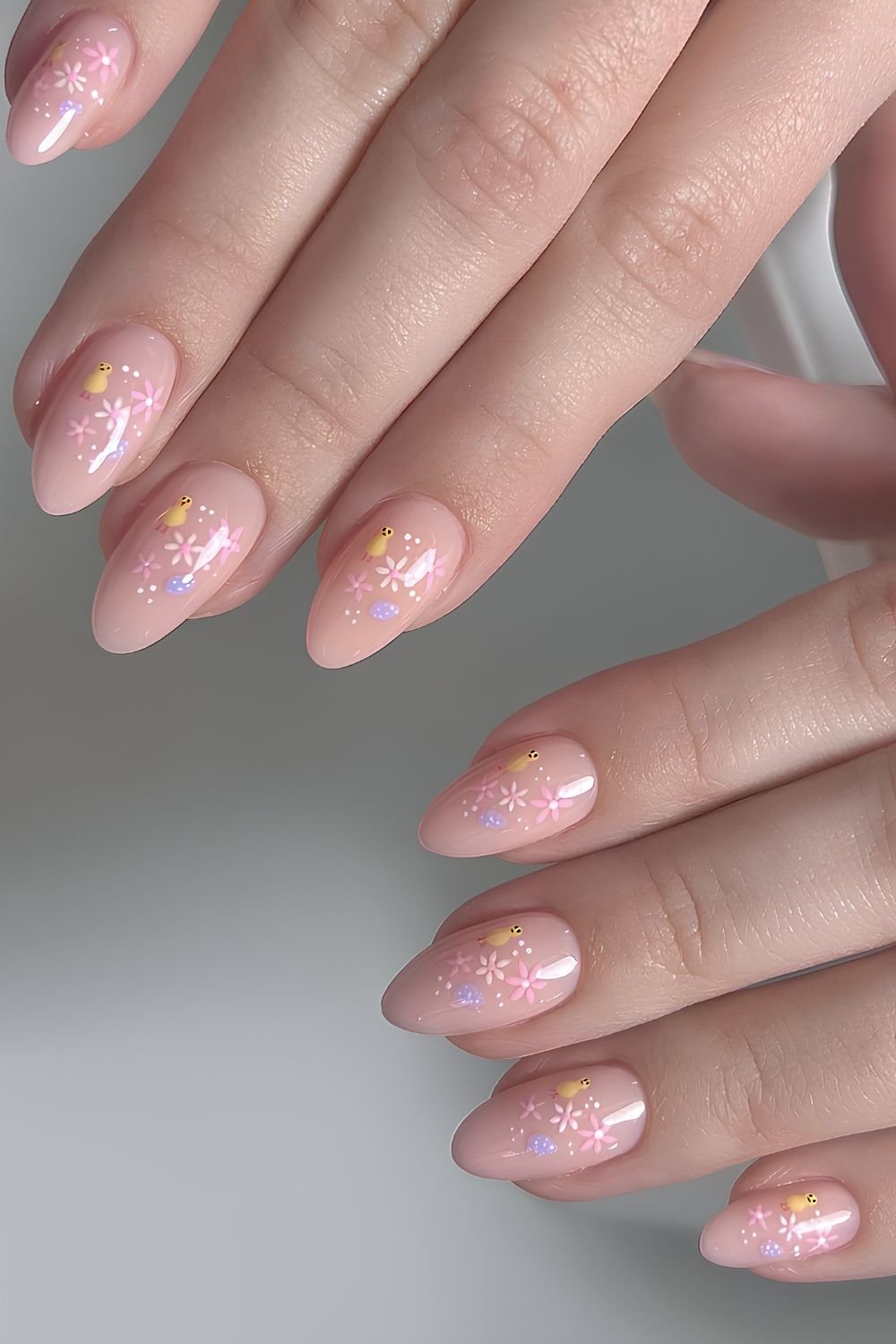 Neutral base with tiny florals chicks and easter eggs