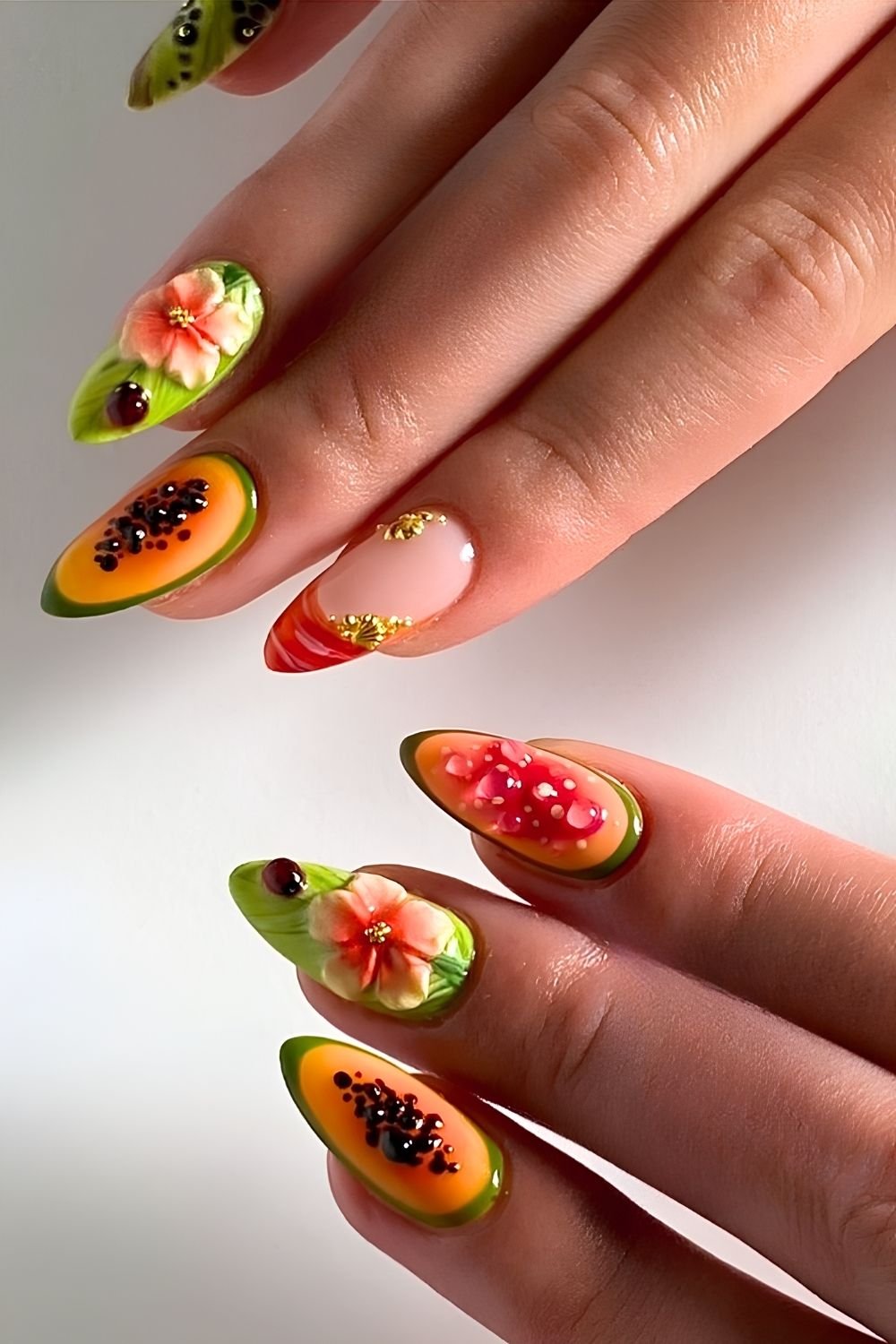 Papaya and ladybug mix and match nails