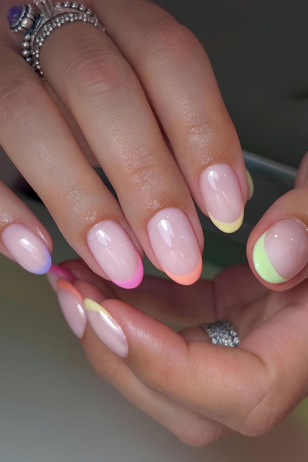 Pastel skittle French tip nails