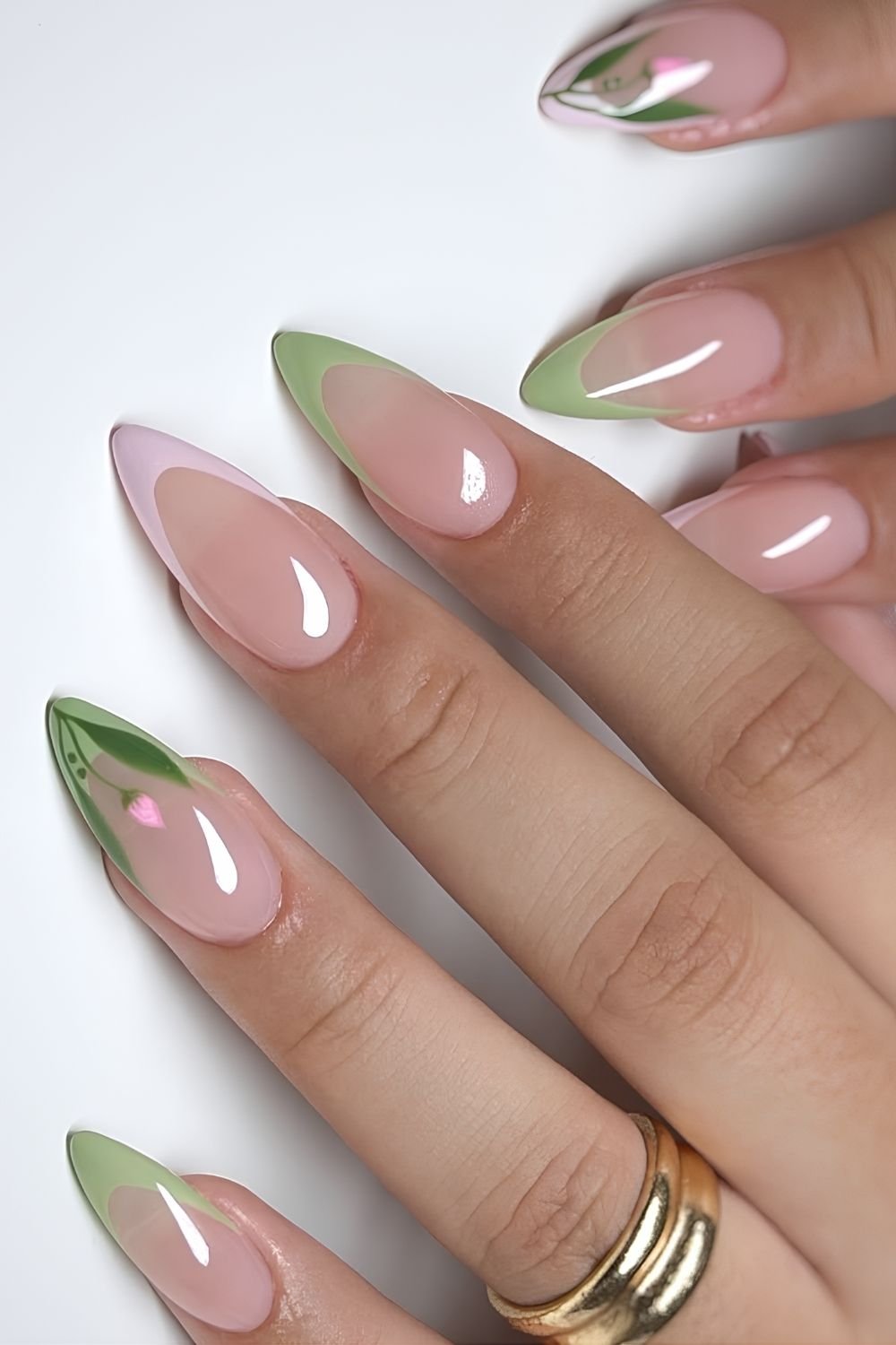 Pink and matcha green tips with blooming tulip accents