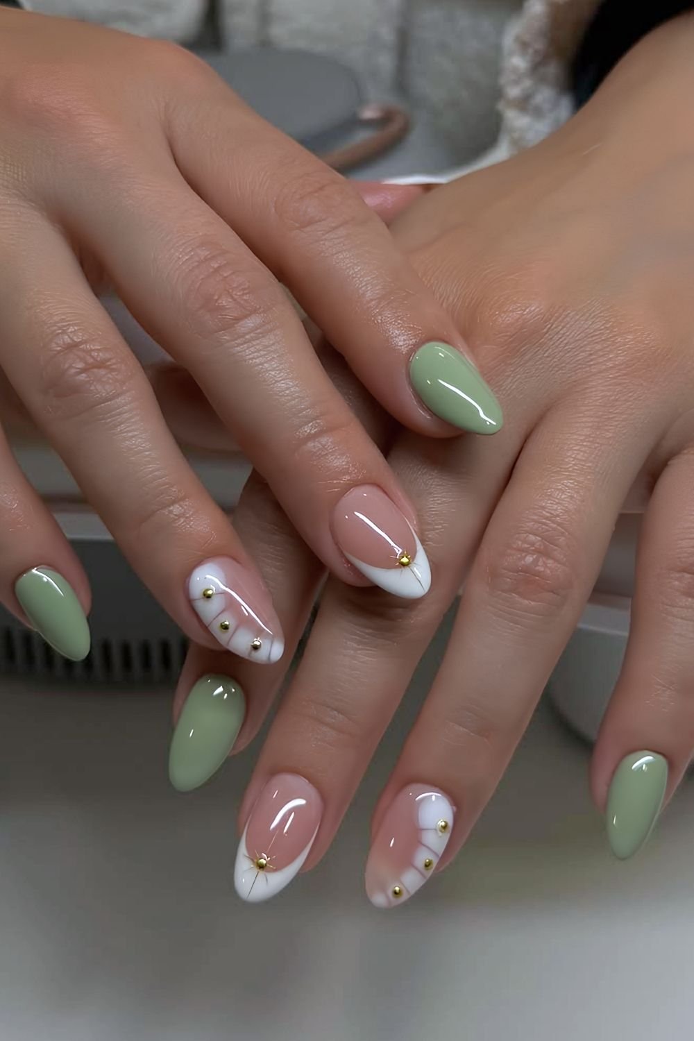 Pistachio green and white nails with croc print