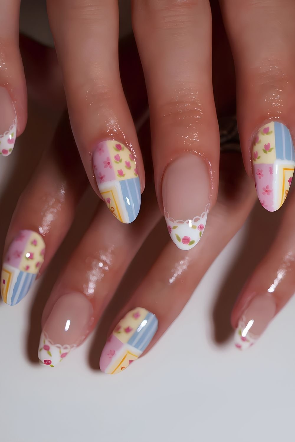 Spring pastel nails with patterns and florals