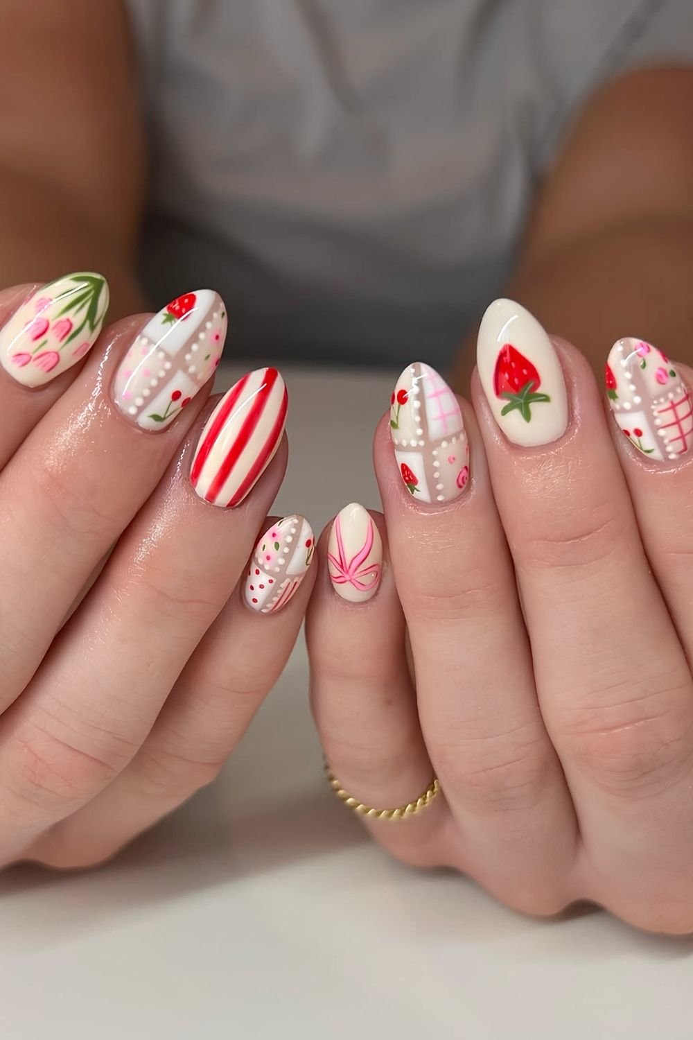 Strawberry mix and match nails with patchwork design