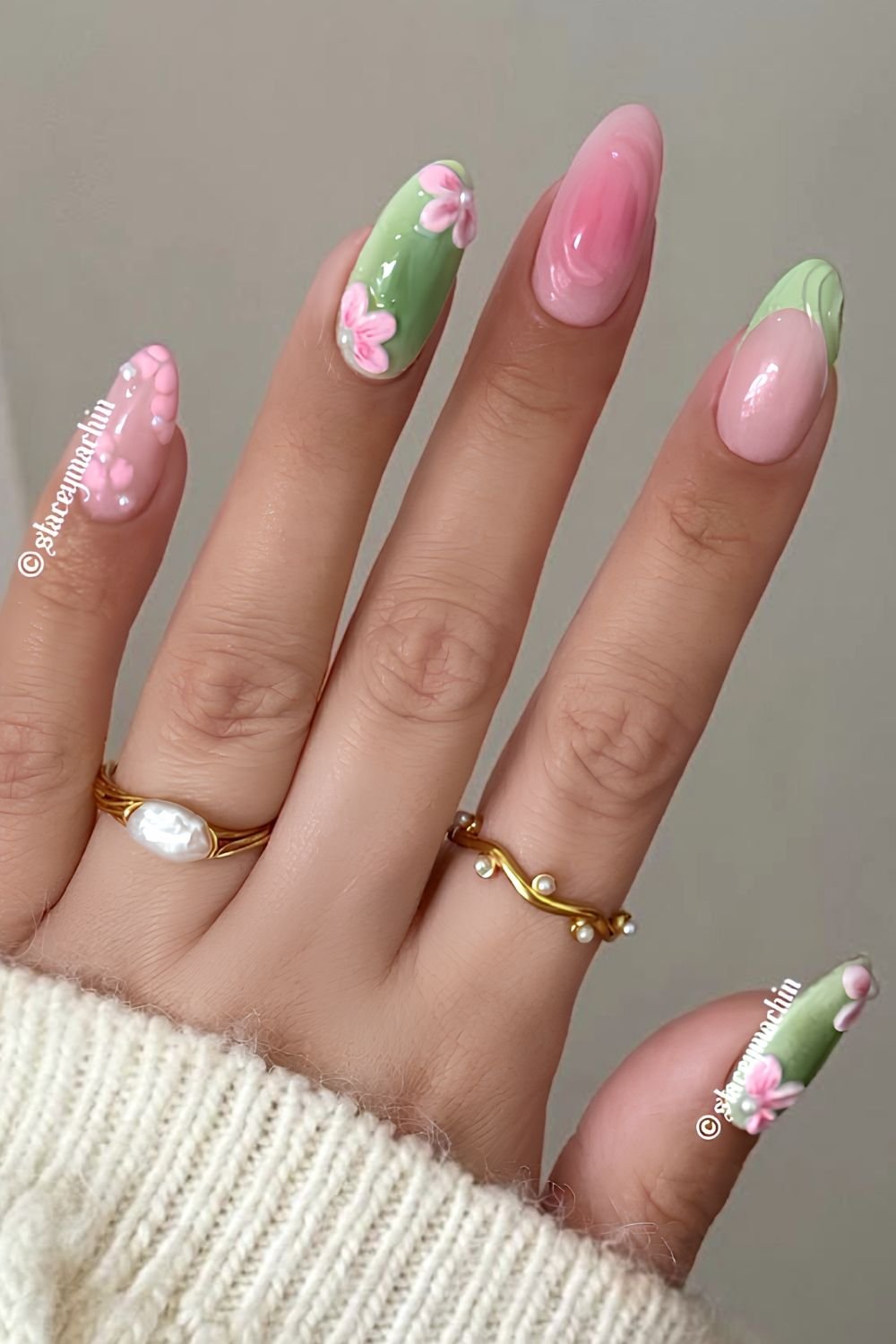 Strawberry pink and matcha green nails with texture and 3D florals