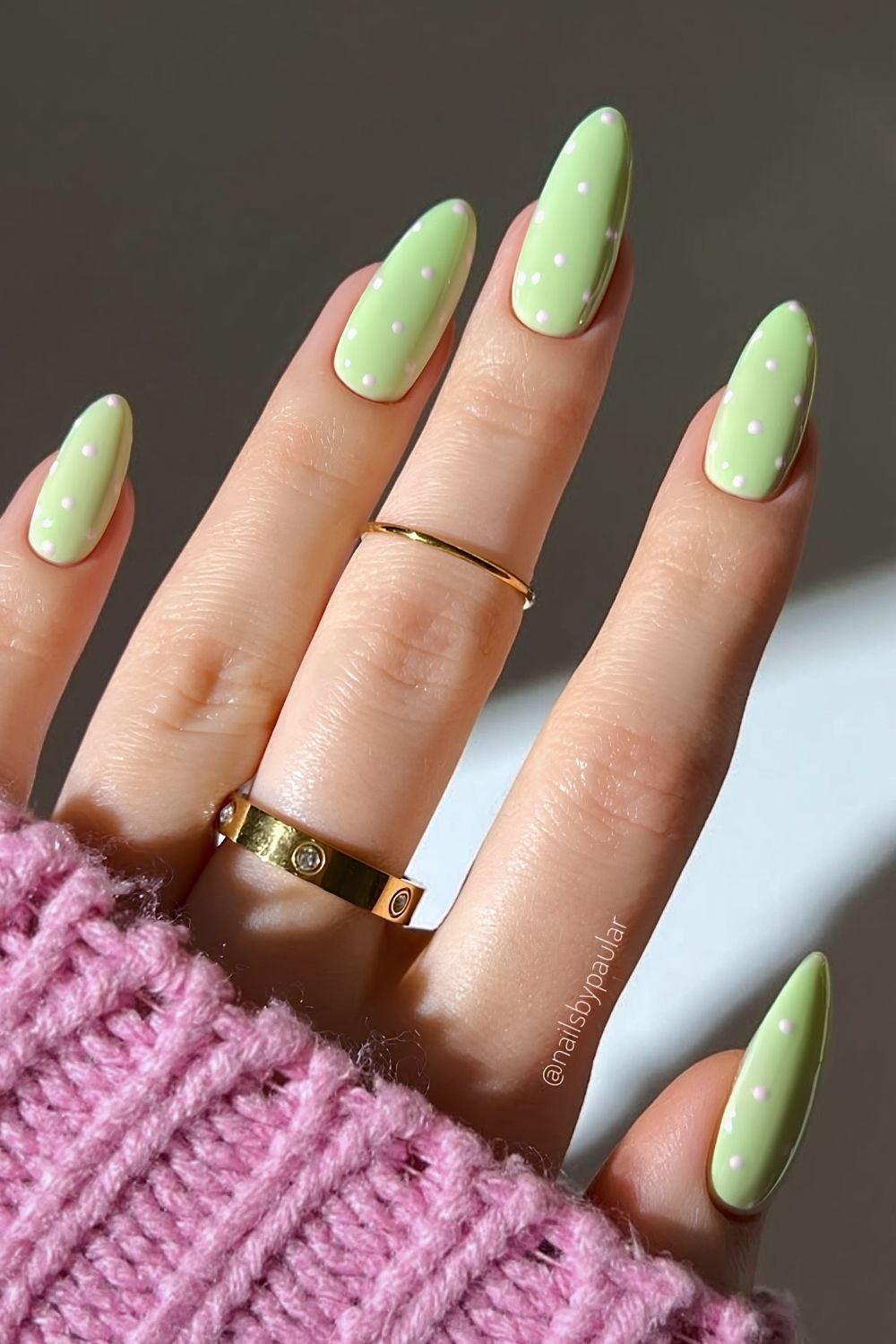 matcha green wit strawberry pink polka dot nails