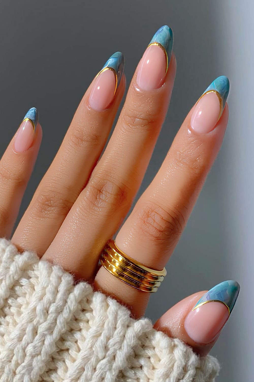 Blue marble French tip nails