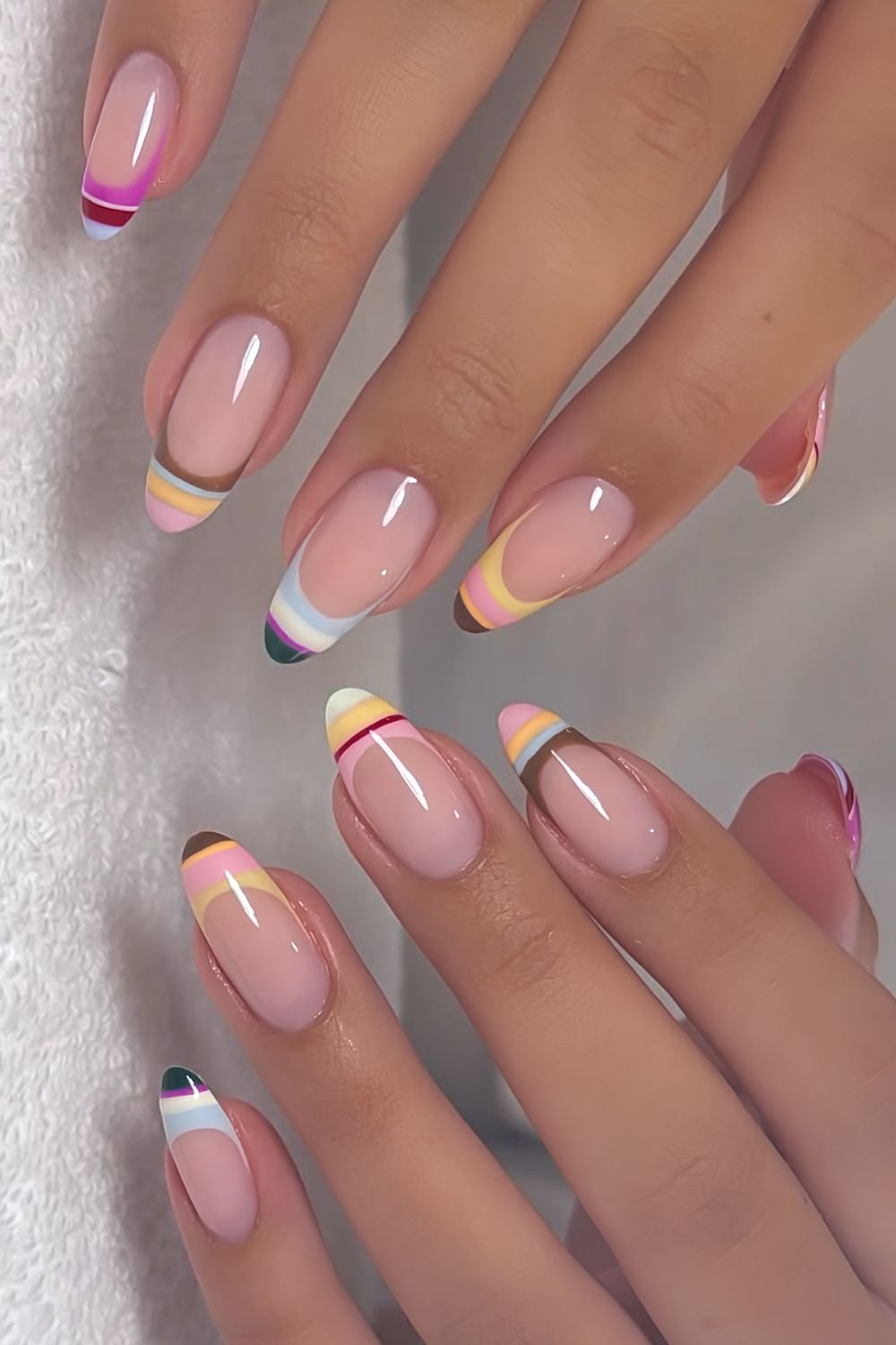 Colorful horizontal stripes French manicure