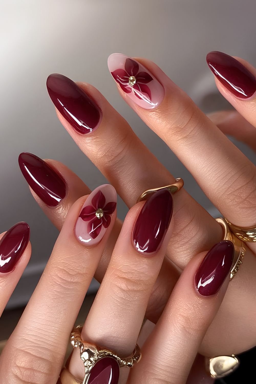 Dark red floral nails