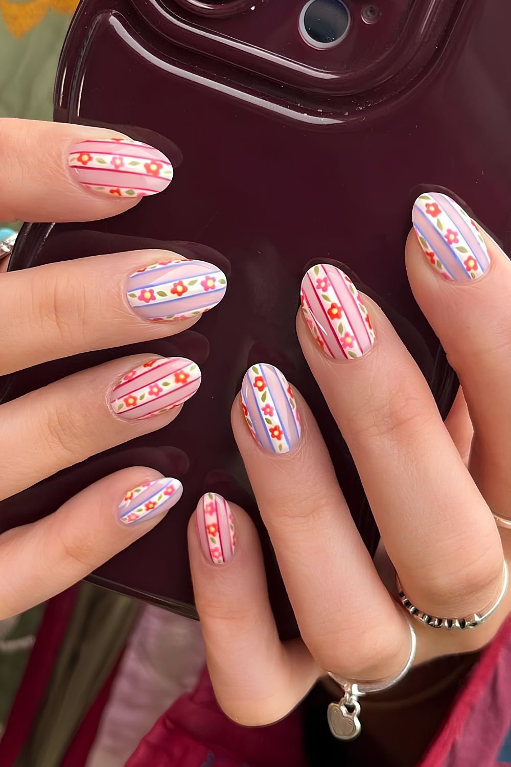 Floral striped nails